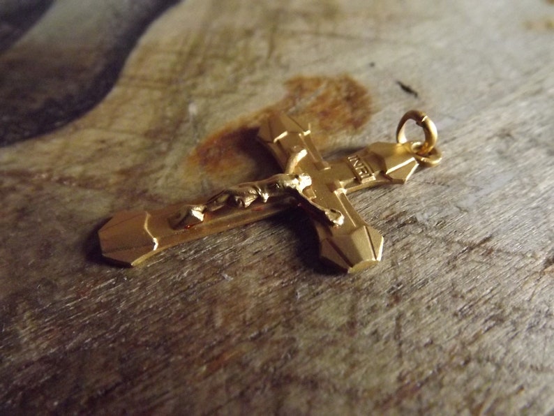 Beautiful Vintage French Gold Plated Cross Pendant - Lourdes Souvenir - Gold Crucifix Necklace Cross Jesus Christ -Art Deco Cross image 5