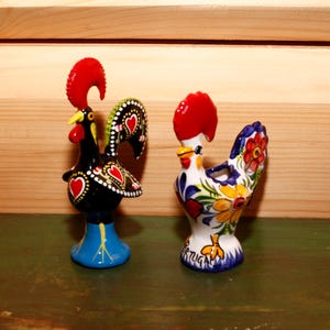 Vintage Set of 2 Roosters of Barcelos Made in Portugal - Portuguese Rooster Galo Barcelos Good Luck Rooster - Hand Painted Ceramic Vase
