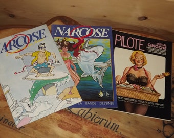 Set of 3 French Vintage Magazines Narcose 1987 and Pilote 1981 - Magazine BD Narcose et Pilote Hors série Spécial Cinoche - Comic Magazine