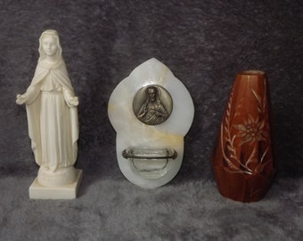 Beautiful Set of Christian Signed Items - E. Dropsy Holy Water Font Jesus - Madonna Delle Rose FARO A. Lucchesi - Lourdes Wooden Vase