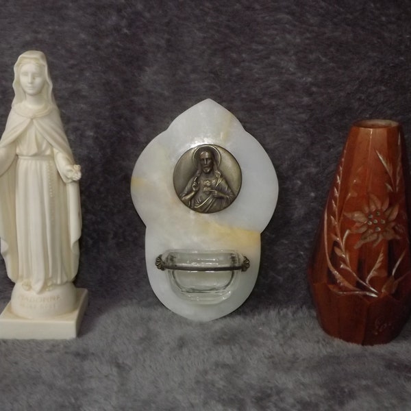 Beautiful Set of Christian Signed Items - E. Dropsy Holy Water Font Jesus - Madonna Delle Rose FARO A. Lucchesi - Lourdes Wooden Vase