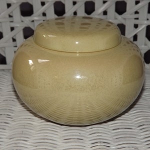 Peut inclure: Un pot rond en céramique de couleur jaune pâle avec un couvercle. Le pot a une surface texturée et une finition brillante.