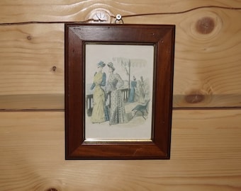 Impresión vintage francesa enmarcada en madera, Demoiselles Mode, moda francesa antigua (1800), impresión de vestidos de moda para mujeres francesas.