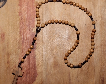 Vintage Bethlehem Wooden Rosary - Wood Praying Beads and Cord - Christian Cross - Rosary Wood