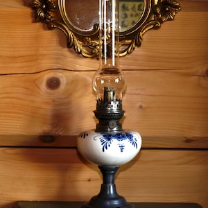 Beautiful Vintage Tall French Oil Lamp - Ceramic Reservoir Oil Lamp with Glass - Blue Floral Decor Parlour Kerosene Lamp