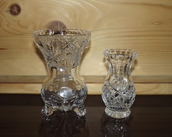 Vintage Set of 2 Polish Crystal Vases - Small Decor Vases Clear Glass Crystal Vases and One Bud Vase