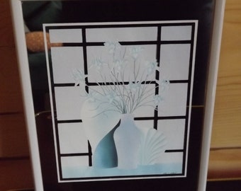 Espejo ilustrado vintage - Impresión vintage en espejo - Floreros de ventana con espejo enmarcado con estampado de flores - Espejo de los años 80