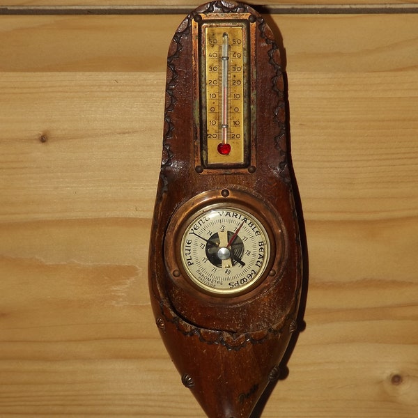 Vintage French Barometer and Thermometer Wooden Clog - Wall Paris Barometre Precision Wooden Clog - French Countryside Decor