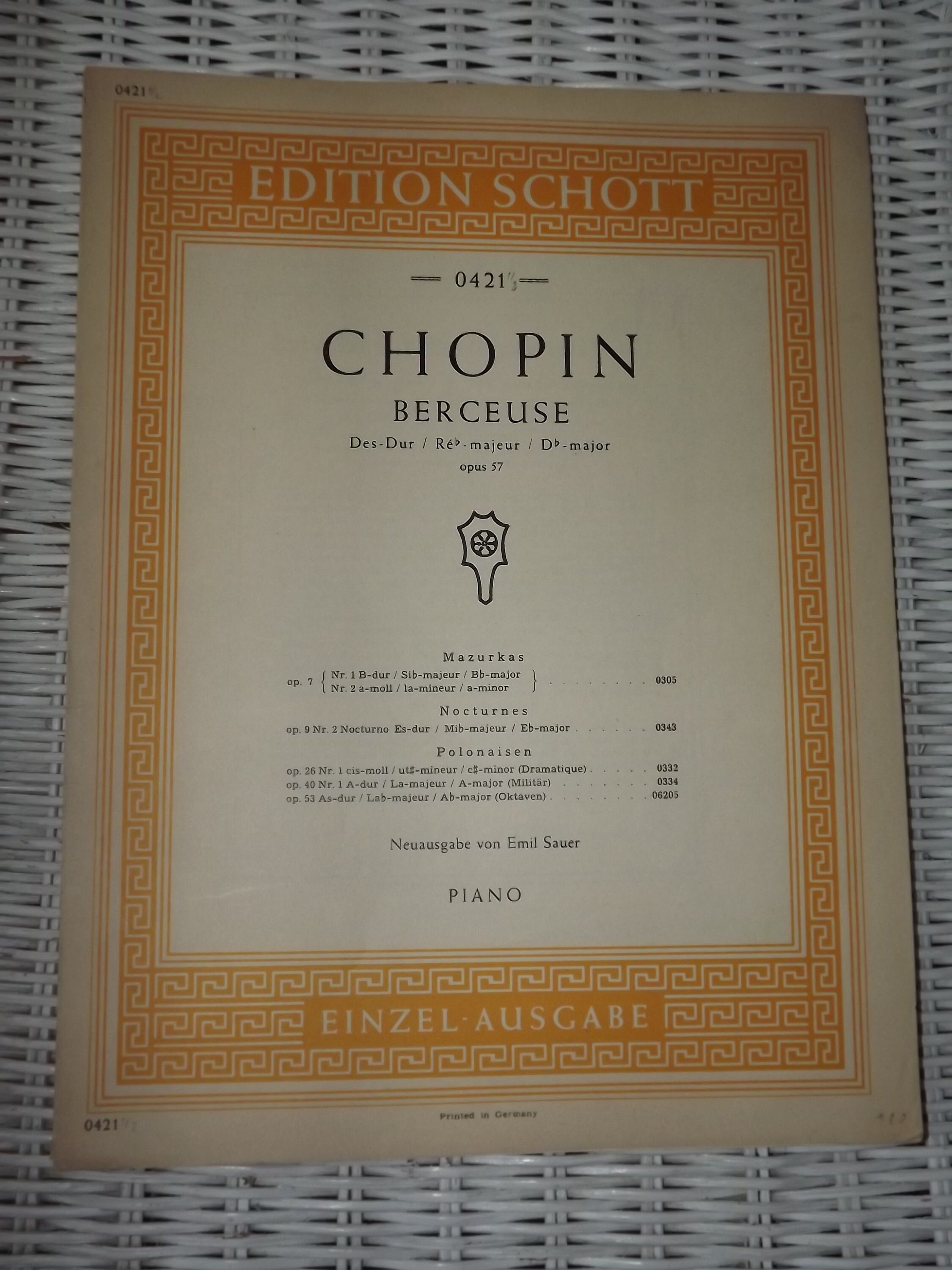 Vintage Sheet Music Chopin Berceuse Edition Schott 0421 Etsy Uk