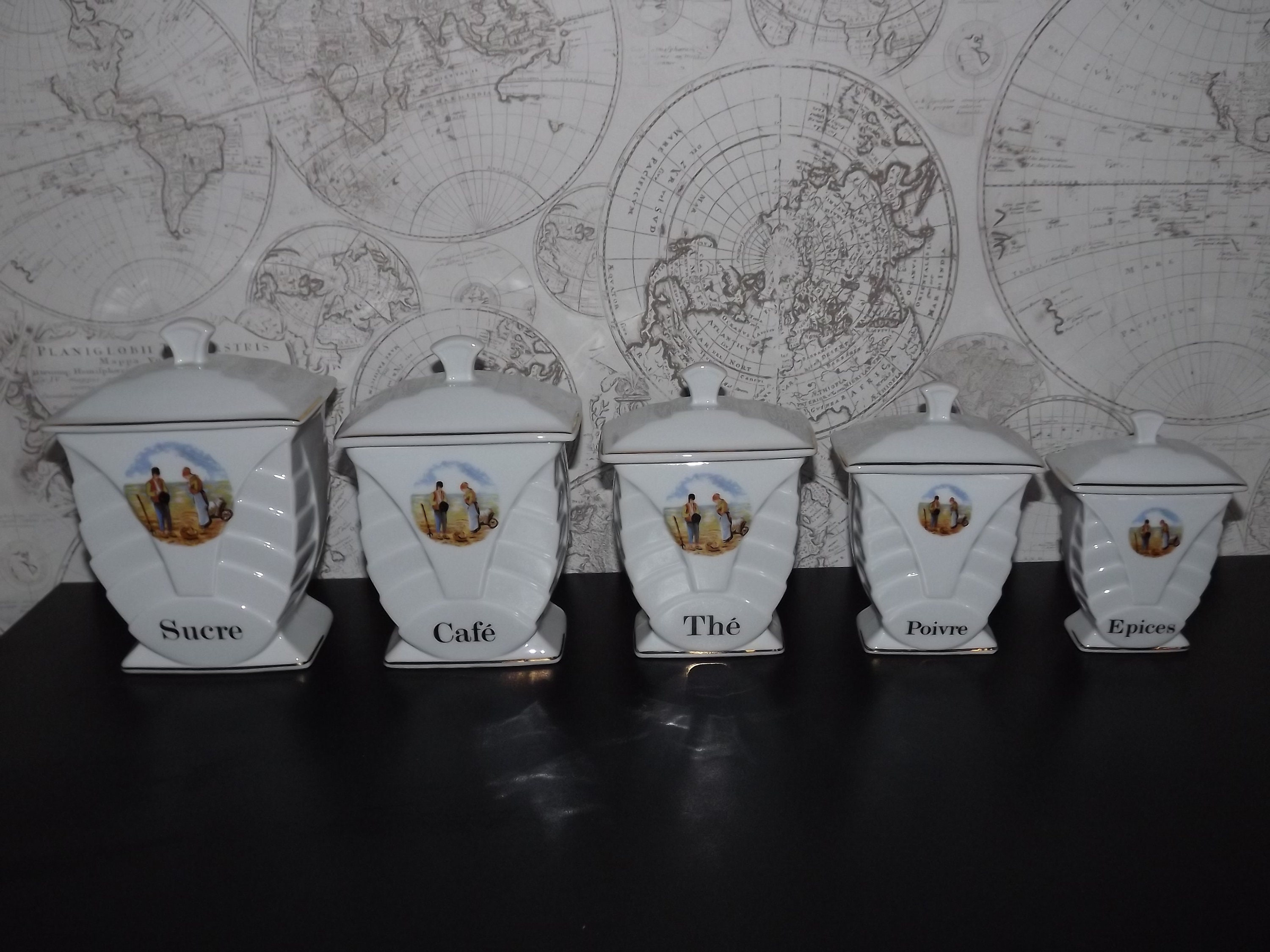 Vintage Set de 5 Français Pots Art Déco en Porcelaine - Apilco France d'épices avec Couvercles Cuisi