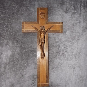 Vintage French Crucifix - Religious Wooden and Metal Cross - Jesus Christ - Wall Cross Art Deco Style - Christian Catholic Cross Statue