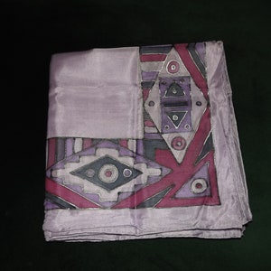 Vintage Scarf 100% Silk handrolled - Hand Painted Silk Scarf Geometric pattern Purple Lilac Colors