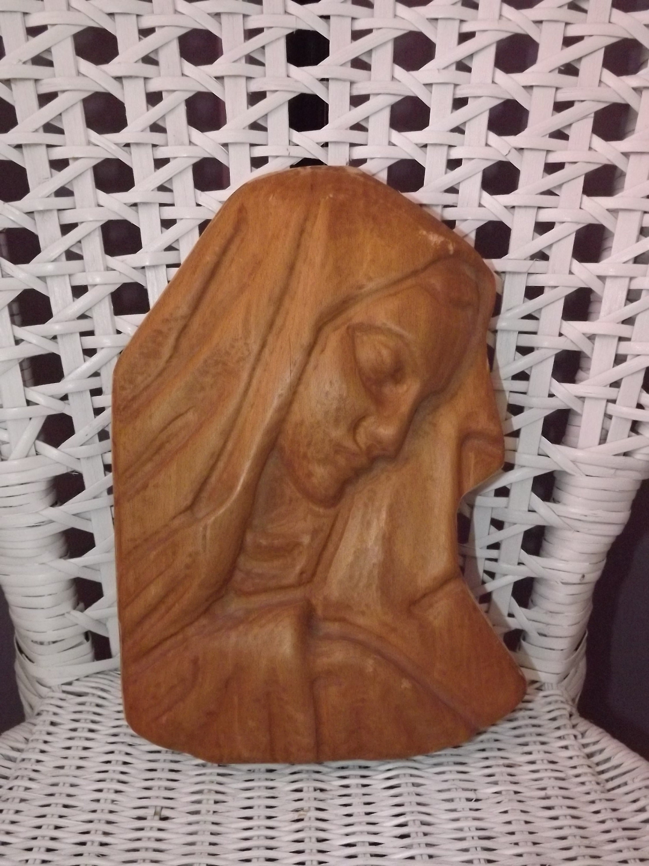 Vintage Français - Sculpture de Vierge en Bois Visage de Marie Sculptée à La Main Plaque Religieuse