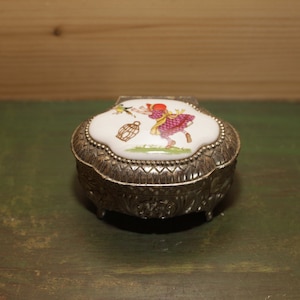 Vintage Jewelry Box Made in Japan - Metal and Ceramic Trinket Box - Little Girl with Bird Decor - Japanese Jewelry Box