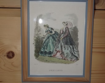 Impresión enmarcada vintage francesa "La Mode Illustrée" (Moda francesa antigua, 1865). Impresión de moda de vestidos de mujer franceses.