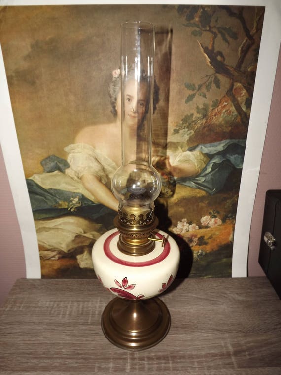 Beautiful Vintage Tall French Oil Lamp Ceramic Reservoir And Beautiful Vintage Tall French Oil Lamp, Vintage Oil Lamp With Lady In Middle