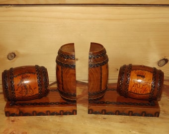 Vintage French Wooden Bookends Gab - Breton Barrels Bookends - Brittany Folk Couple Wood Bookends Handmade - French Art Populaire