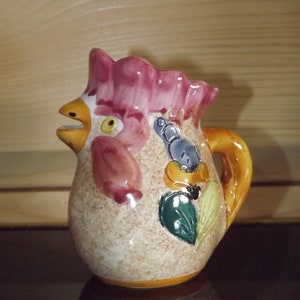 Vintage Französischer Milchkännchen - Signierter Keramik Milchtopf - Kleiner Krug - Französische Keramik Milchkännchen Cockerel Blumen Landschaft