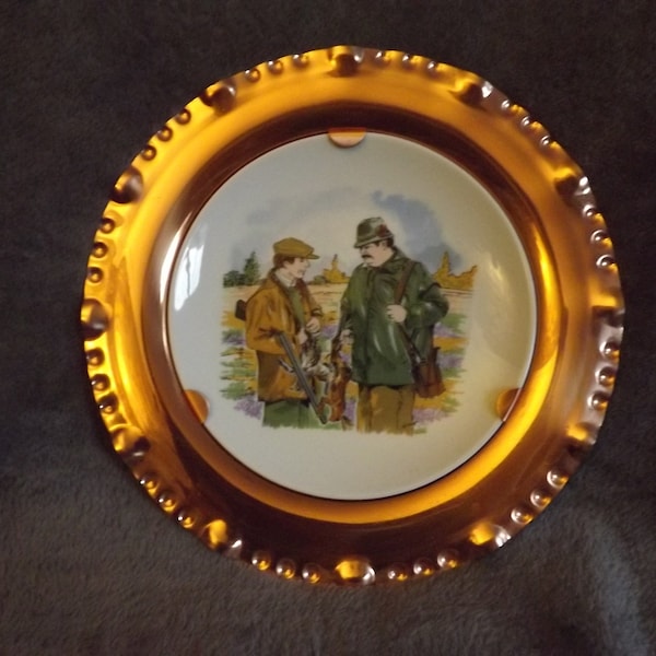 Vintage French Porcelain and Copper Signed Plate - Hunters themed Decorative Plate/Dish - Chasseurs - Gift for Hunters - French Countryside