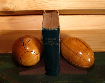 French Vintage Bookends - Wooden Sport Balls Money Box - Made in France Sport Book Ends Balls Rugby Football