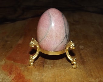 Beautiful Pink Marble Egg on Stand - Pink with Black Lines Marble Stone Egg on Gold Color Metal Stand - Collectible Egg