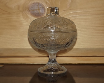 Vintage fransk bonbonniere - Glasbonbonniere - Glasskål med lock - Fransk sacchar på stativ - Glassötkruka - Fruktdekor Bonbonniere