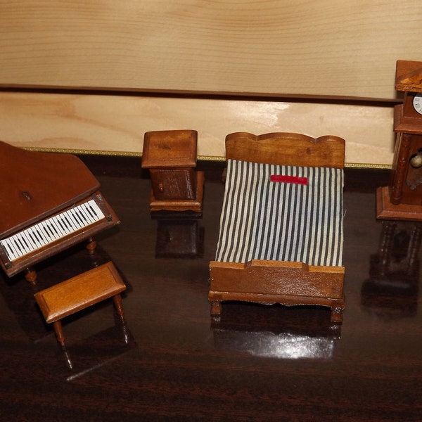 Vintage French Dollhouse Miniature Furniture Set - 5 Pieces Wooden Miniature Furniture - Bed Bedside Table Clock Piano Stool Doll House