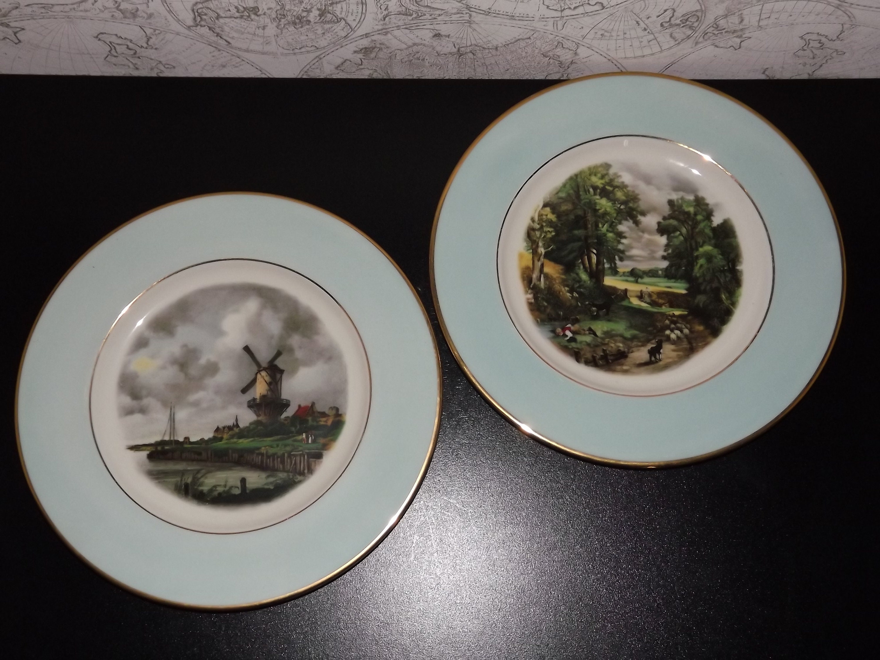 Ensemble Vintage de Deux Plaques Porcelaine Anglaises Springfield - Décor Campagne Dogs Fields Windm
