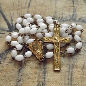 Vintage French Christian Rosary - White Milk Glass Rosary - Gold Color Cross and Virgin Mary Medal Rosary - White Catholic Rosary