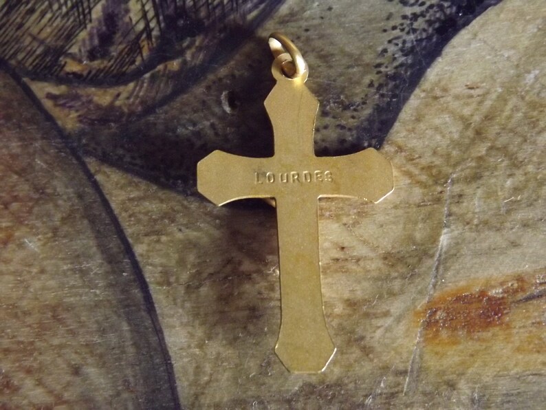 Beautiful Vintage French Gold Plated Cross Pendant - Lourdes Souvenir - Gold Crucifix Necklace Cross Jesus Christ -Art Deco Cross image 6