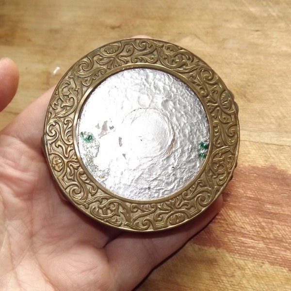 Vintage French Powder Compact with Mirror - Brass Powder Compact Bag Poudrier - Make-up accessory