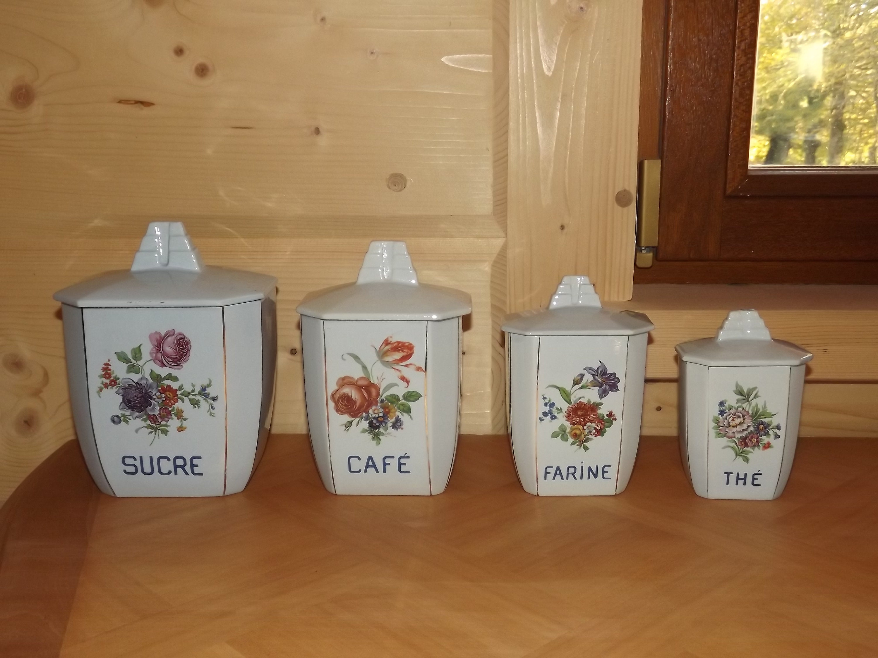 Vintage Set Of 4 Blue Porcelain Jars Art Deco Hbcm Montéreau - Floral Decor Sugar Coffee Flour Tea K