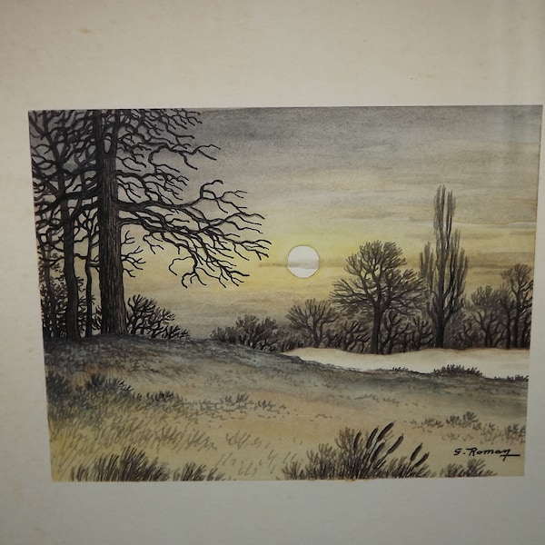 Vintage French Framed Signed Art Drawing and Watercolors - Forest Full Moon Painting Nature Woods Landscape