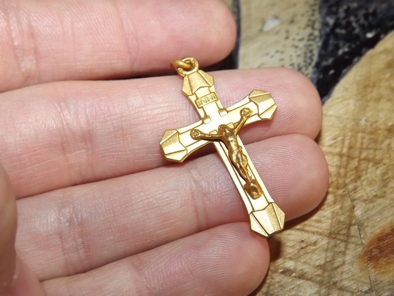 Beautiful Vintage French Gold Plated Cross Pendant - Lourdes Souvenir - Gold Crucifix Necklace Cross Jesus Christ -Art Deco Cross image 2