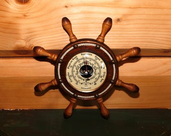 Vintage French Marine Barometer Baromaster - Boat&#39;s Helm Wooden Barometer - Ship Wheel Decoration - Steampunk Object