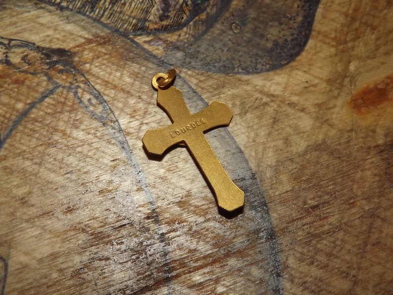 Beautiful Vintage French Gold Plated Cross Pendant - Lourdes Souvenir - Gold Crucifix Necklace Cross Jesus Christ -Art Deco Cross image 9