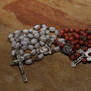 Vintage Set of 2 French Christian Rosaries - Virgin Mary Rosaries - White Glass Beads Rosary - Catholic Prayer Beads Cross Jesus
