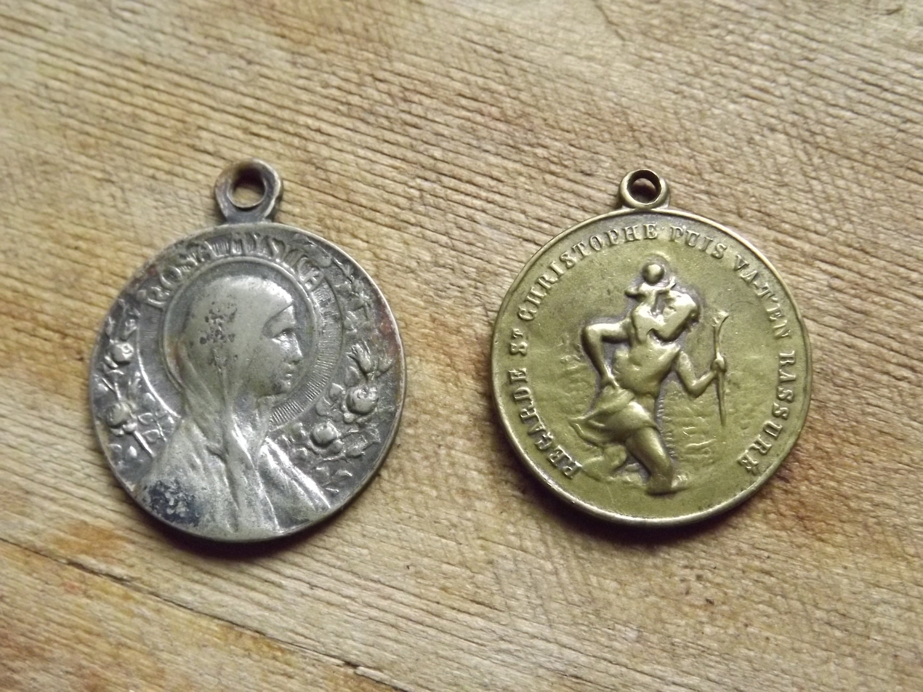 Antique French Set of 2 Large Christian Medals - Lourdes