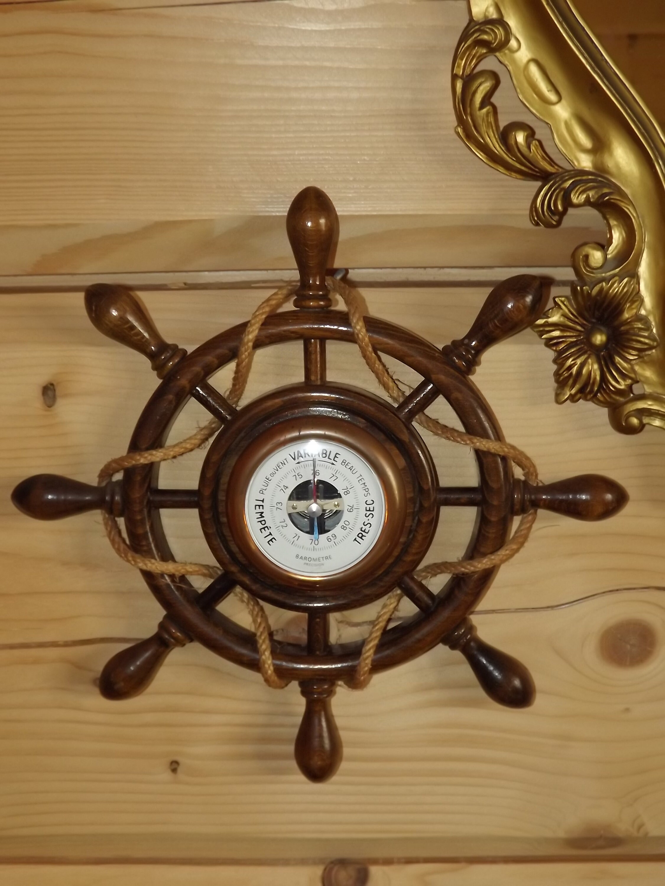 Vintage Français Marine Baromètre - Barre de Bateau en Bois Précision Décoration Roue Navire Objet S