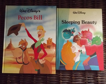 Set of 2 Walt Disney Books Sleeping Beauty 1986 and Pecos Bill 1990 - Disney&#39;s Illustration Children Books Collector