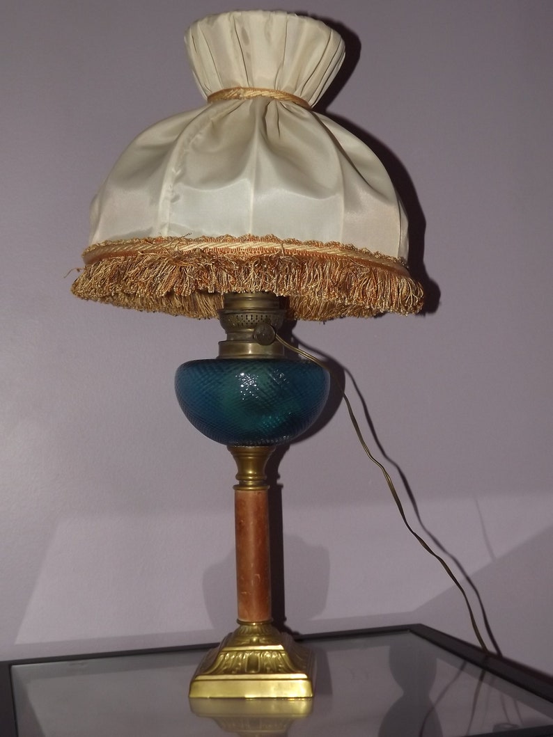 Beautiful Antique French Electrified Oil Lamp With Fringed Shade Blue Glass Tall Brass Vintage Napoleon Style