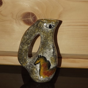 French Vintage Handmade and Hand Painted Art Pitcher Jug Prehistoric Grotte de Lascaux Decor - can be used as a vase Deer Horse Decor