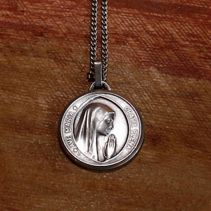 Vintage French Christian Lourdes Necklace - Our Lady of Lourdes Pendant and Chain Ave Maria Gracia Plena - Catholic Necklace