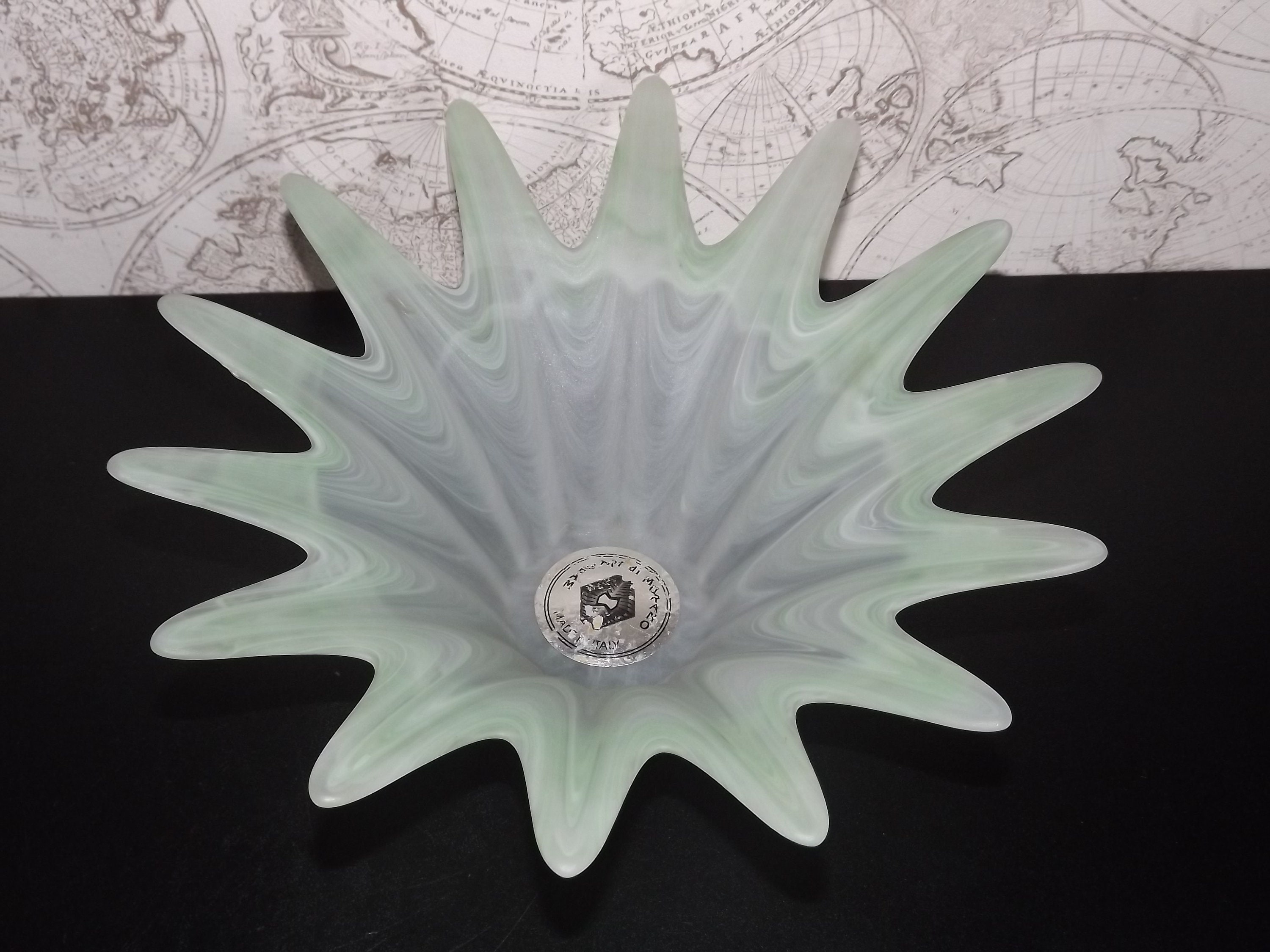 Magnifique Vase Italien Maestri Di Murano Glass Bowl - Verre Glacé Vert et Blanc Devin Candy Bowl