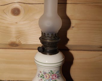 Hermosa lámpara de aceite francesa vintage JEB - Lámpara de aceite con depósito de cerámica y vidrio - Lámpara de queroseno con decoración floral para salón