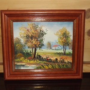 Vintage French Painting - Countryside Landscape Lake Cabin Woods Painting - Framed Painting - Beautiful Wooden Frame Signed Painting