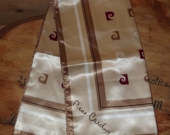French Vintage Pierre Cardin Scarf - Beige Cream Brown Color Pierre Cardin Brand Logo Patterns - French Fashion Accessory Paris