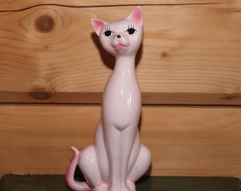 ヴィンテージ 猫の置物 2 体セット - 陶器の猫の像 - 白とピンクの花の