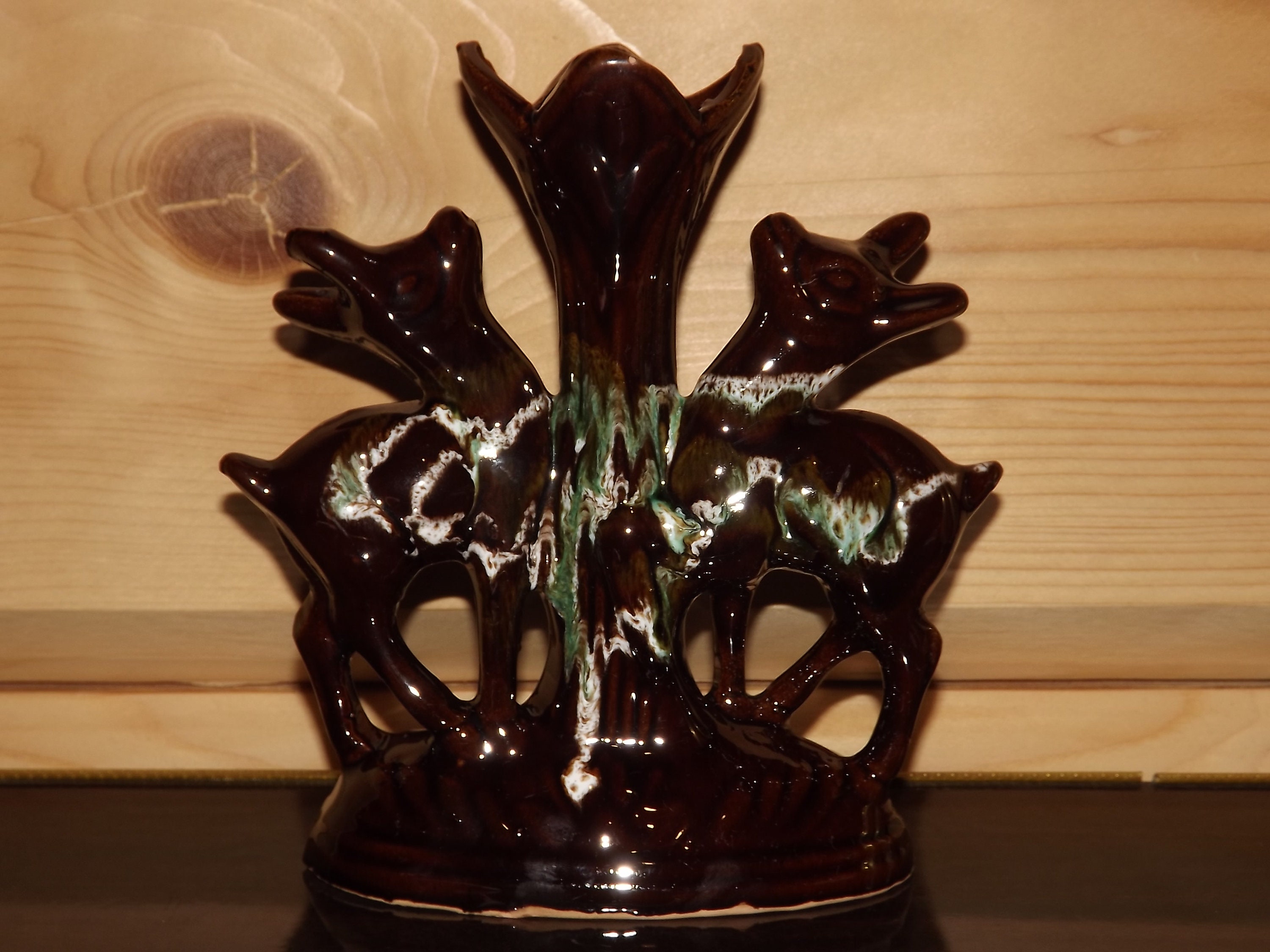 Français Vintage Bud Vase Fawns Does - Drip Glazed Brown Pottery Dry Flowers Vase Deers