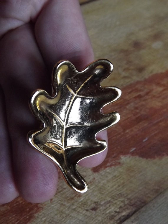 Vintage French Brooch - Oak Leaf Gold Color Brooc… - image 1